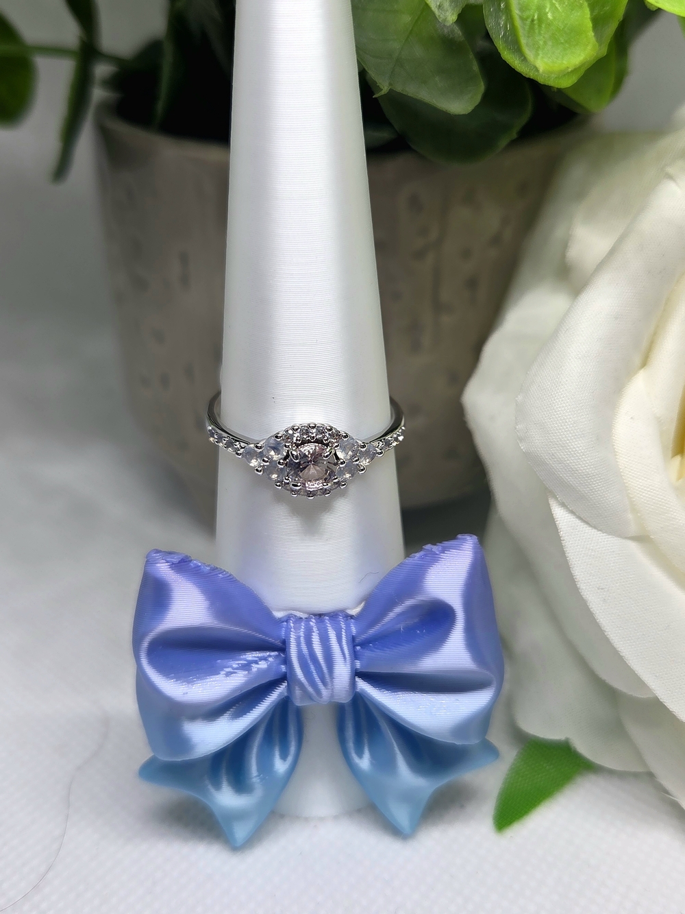 BP Morganite And White Opal Halo Ring On Rhodium Plating